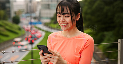 Buy stock photo Phone, fitness and Japanese woman outdoor with online exercise plan for running, wellness and training. Happy, sports and female athlete on cellphone with mobile health tracker app for cardio workout