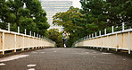 Japanese woman, sports and running in city of fitness exercise, marathon training and workout practice. Athlete,  challenge and physical activity with endurance performance, wellness and Japan bridge