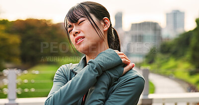 Buy stock photo Outdoor, woman and fitness with neck pain from workout strain with muscle ache and injury in Japan. Female person, exercise and active with inflammation or sore for self care, health and wellbeing