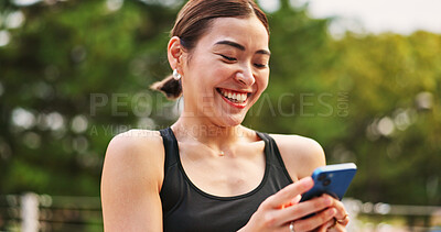 Buy stock photo Outdoor, woman and laugh for fitness with smartphone on app for tracking health progress in Japan. Female person, hands and happy on internet or online with memes on social media and text message