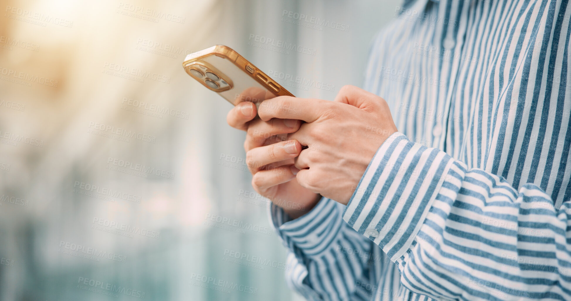 Buy stock photo Man, hands and mobile in city for business, connectivity and schedule update in Japan. Person, phone and typing in urban Tokyo for networking, email response and communication on morning commute