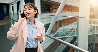 Buy stock photo Japanese, business and woman talking with phone call for civil engineering, infrastructure and schedule. Person, mobile and communication for inspection, safety control and building progress in Japan