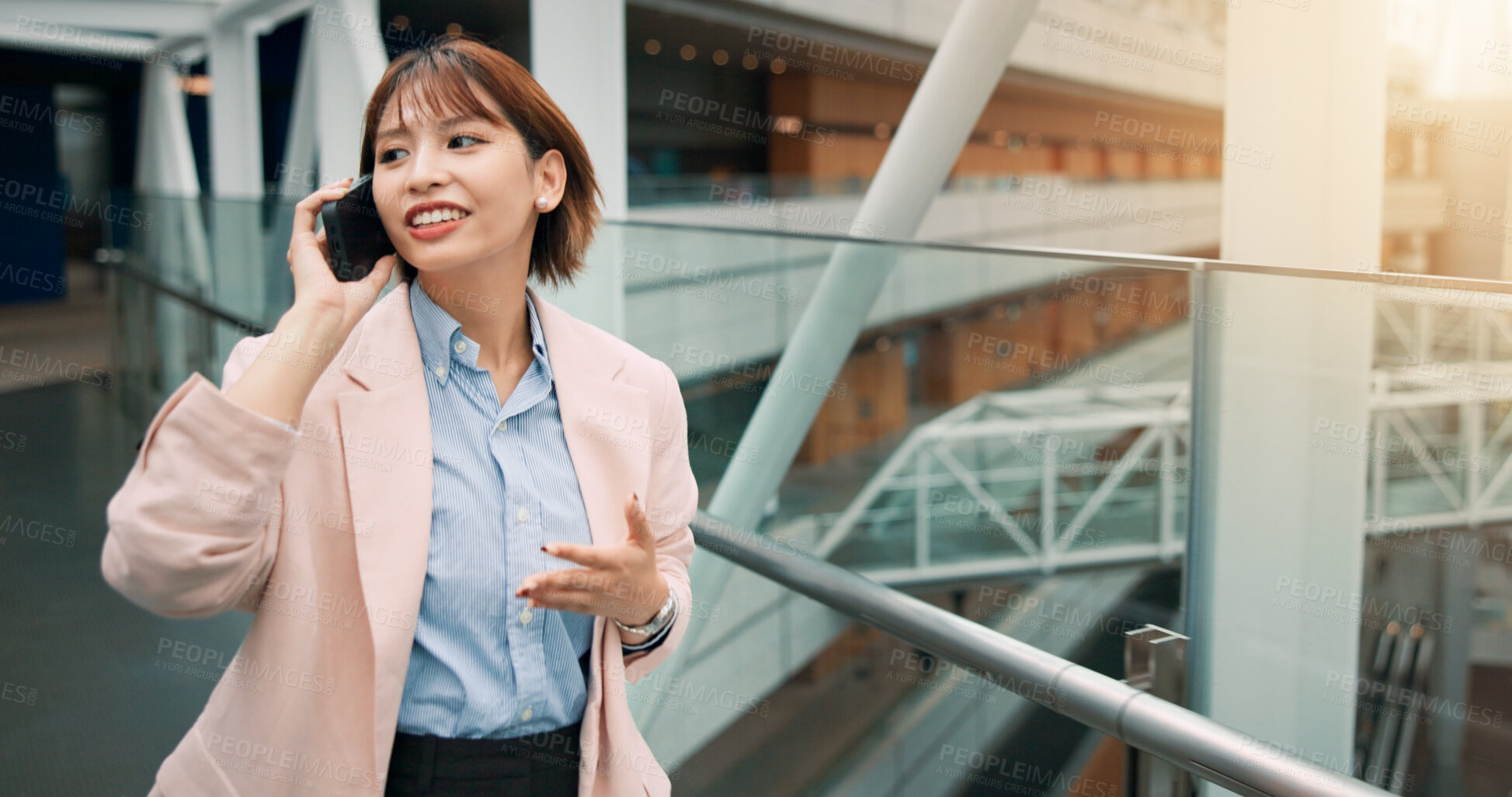 Buy stock photo Japanese, business and woman talking with phone call for civil engineering, infrastructure and schedule. Person, mobile and communication for inspection, safety control and building progress in Japan