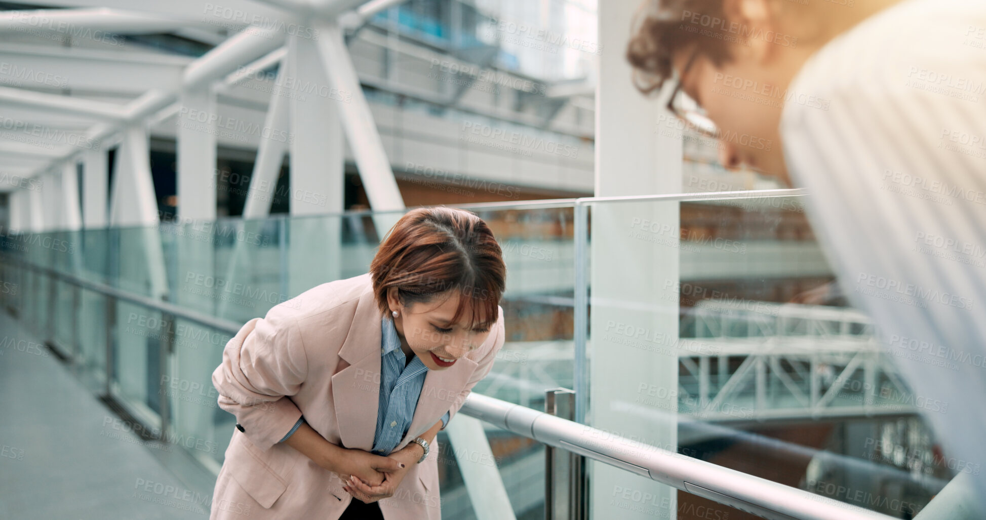 Buy stock photo Bow, greeting and welcome with Japanese business people in office for partnership or respect. Collaboration, hello or meeting with employee man and woman at work for building or civil engineering