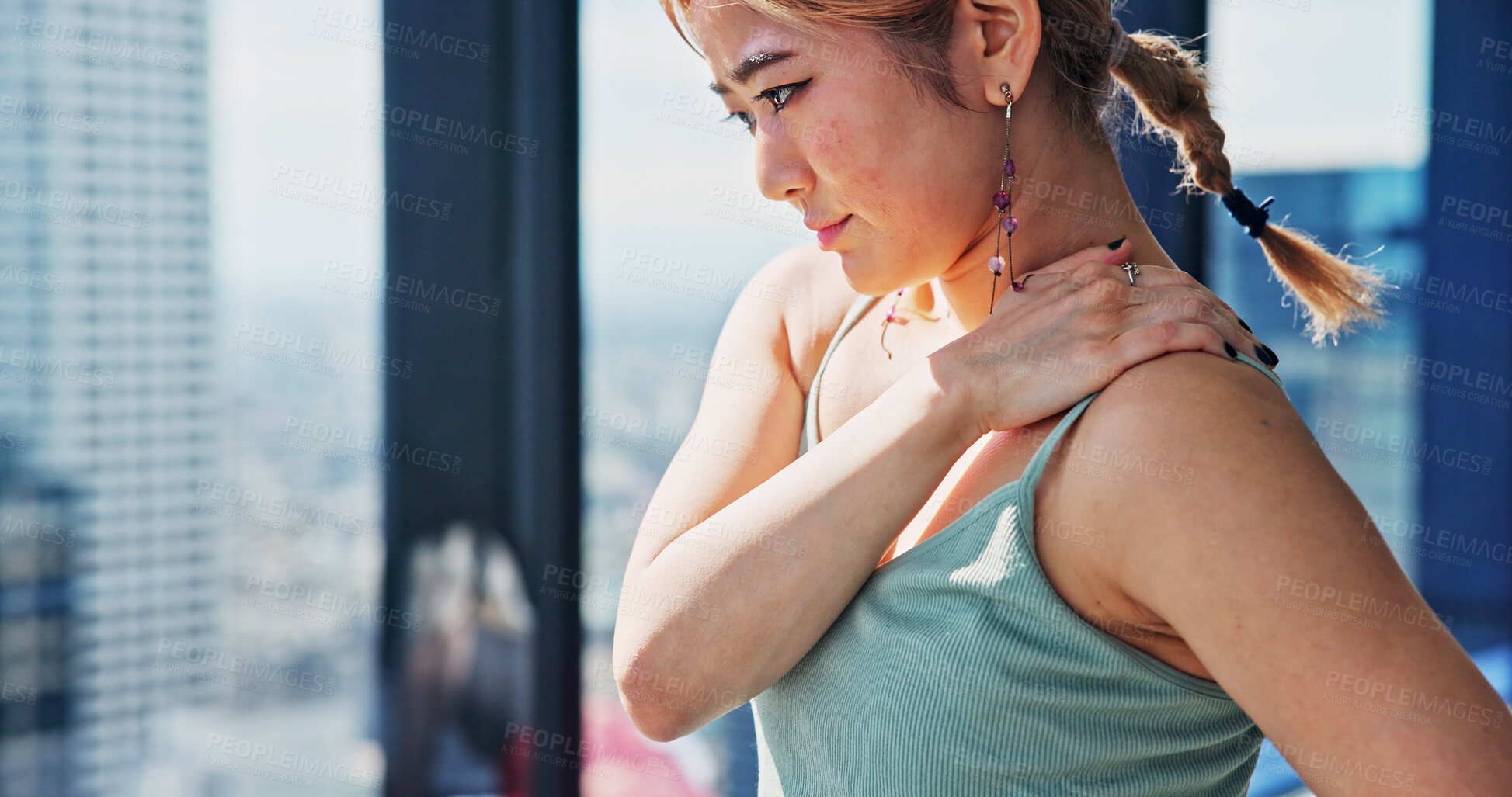 Buy stock photo Woman, fitness and stress in studio with neck pain, muscle tension and burnout injury at window. Japanese dancer, hurt shoulder or massage in class with accident, body fatigue or inflammation in club