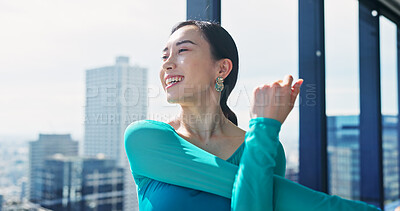 Buy stock photo Fitness, woman and arms stretching for practice, training and choreography in ballet dance studio. Warm up, muscle flexibility and Japanese dancer for company, theater and performance art school