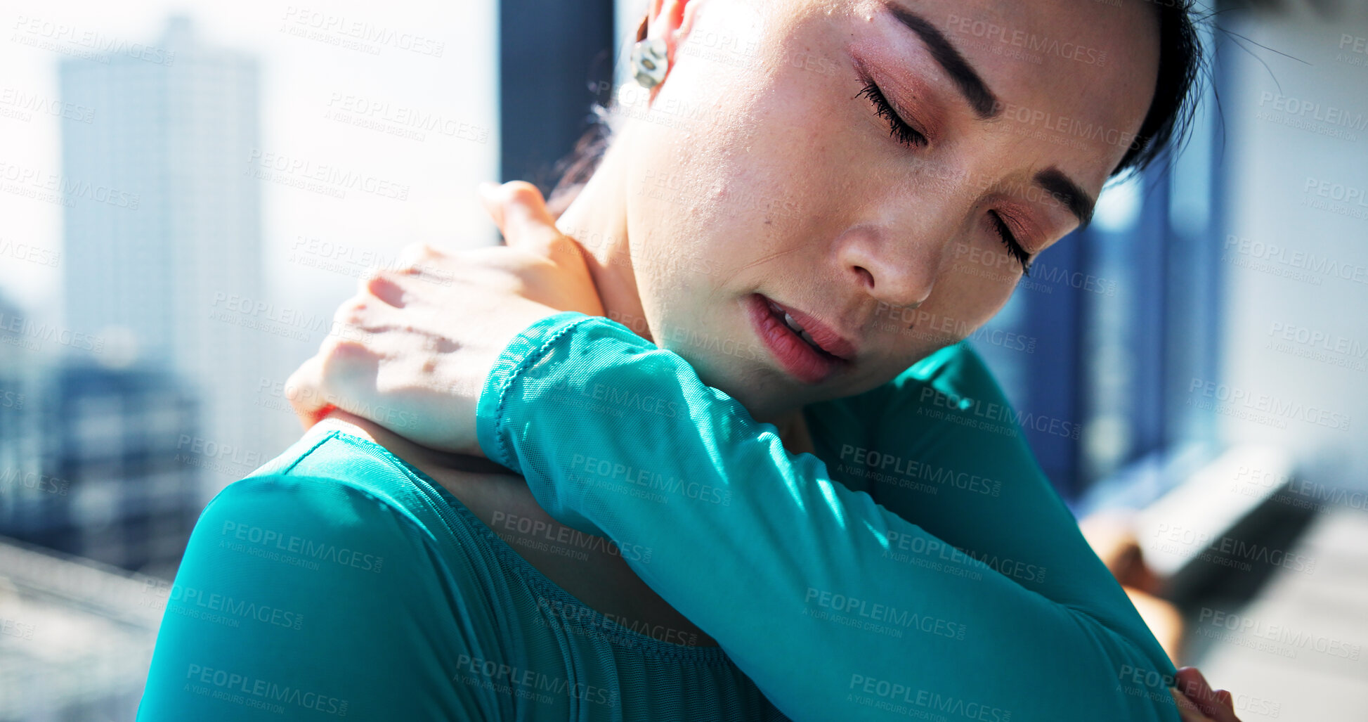 Buy stock photo Fitness, injury and shoulder pain with Japanese woman at gym for recovery or rehabilitation. Exercise, health and wellness with athlete massaging joint for relief from discomfort or strain in Japan