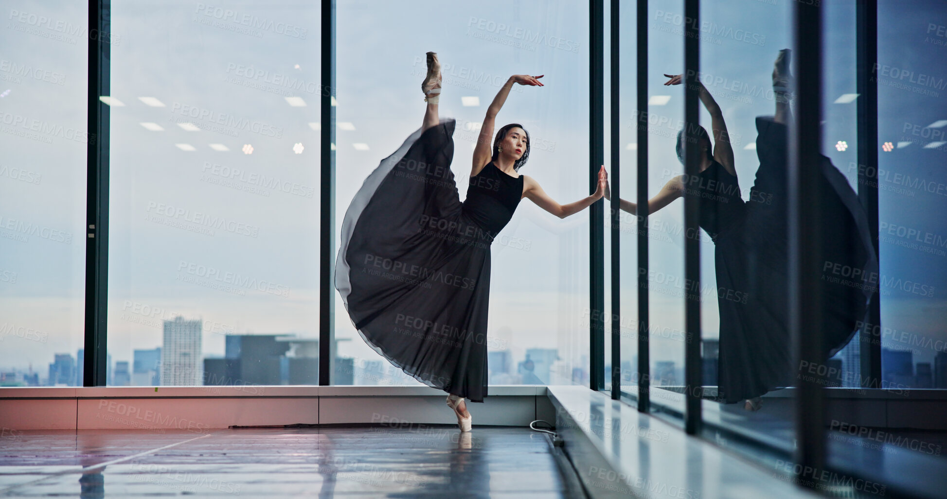 Buy stock photo Woman, ballerina and practice balance in dance studio, professional and rehearsal for theatre. Female person, creative art and learning choreography for show in city of Japan, talent and technique