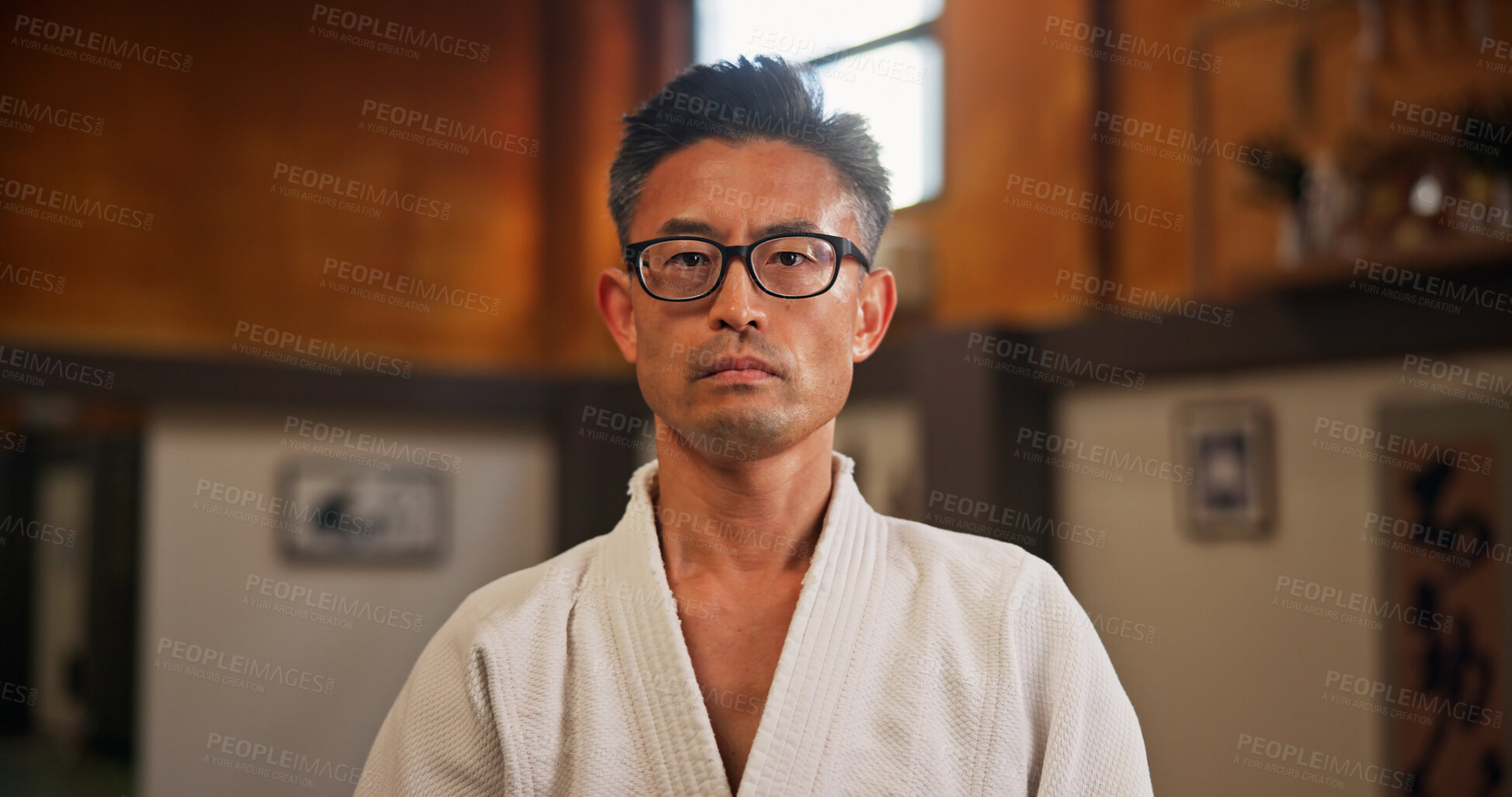 Buy stock photo Japanese man, sensei and portrait for martial arts practice or traditional sport, fighting and health. Aikido, gi uniform and pride for fitness challenge, power or champion in bushido training dojo