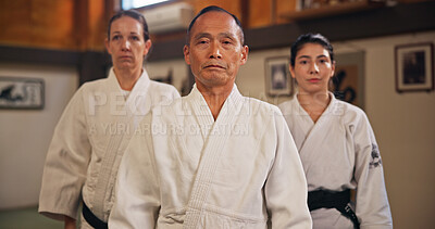 Buy stock photo Martial arts, aikido and japanese people in portrait for self defense, respect or cultural honor in dojo. Serious sensei, group or together in class for fighting practice, discipline or demonstration