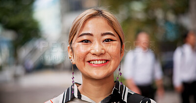 Buy stock photo Smile, portrait and Japanese businesswoman in city with positive attitude for finance career. Happy, confident and face of female financial executive with pride for company revenue in urban town.