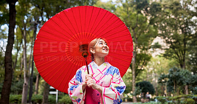Buy stock photo Japanese, woman and walking with fashion for umbrella, vintage style and fresh air with smile. Outdoor, female person and heritage with kimono for indigenous clothes, culture or happiness for travel