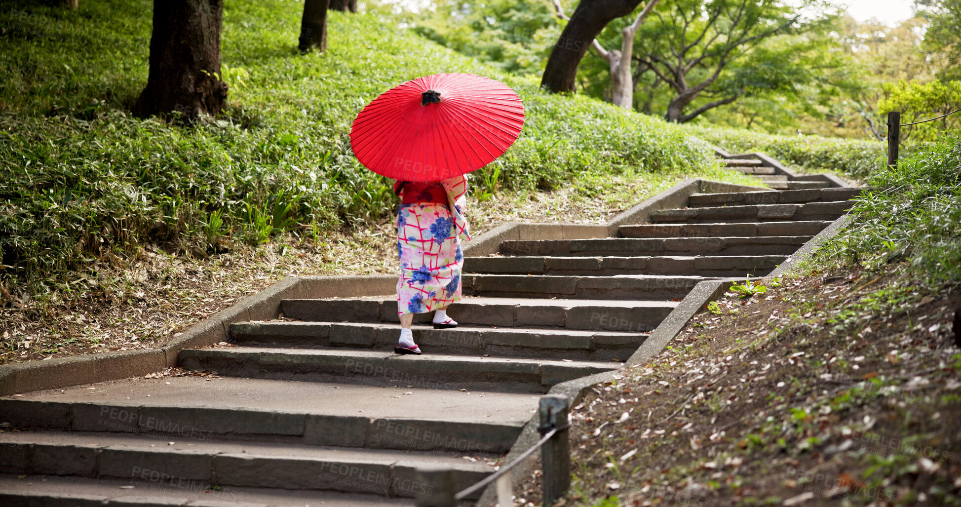 Buy stock photo Kimono, steps and umbrella with woman in nature to explore green location for sightseeing or tourism. Back, fashion and walking with travel in conservation park of Japan for holiday or vacation