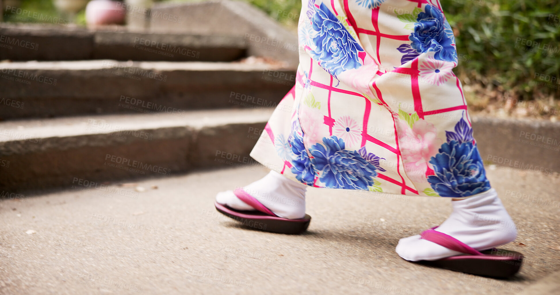 Buy stock photo Kimono, walking and shoes with woman in Japan city for travel, traditional clothes or heritage pride. Journey, culture and fashion with closeup of person and outdoors for trip and festival ceremony