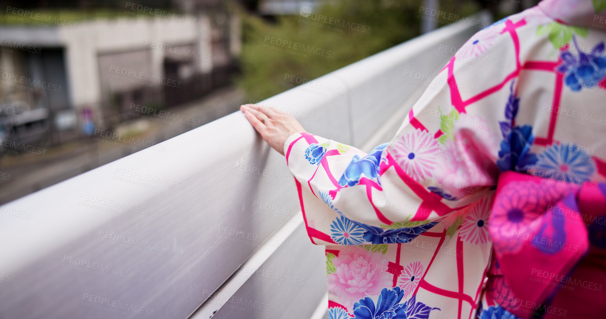 Buy stock photo Kimono, hand and back with woman in Japan city for travel, traditional clothes or heritage pride. Sightseeing, culture and fashion with closeup of person and outdoors for trip and festival ceremony