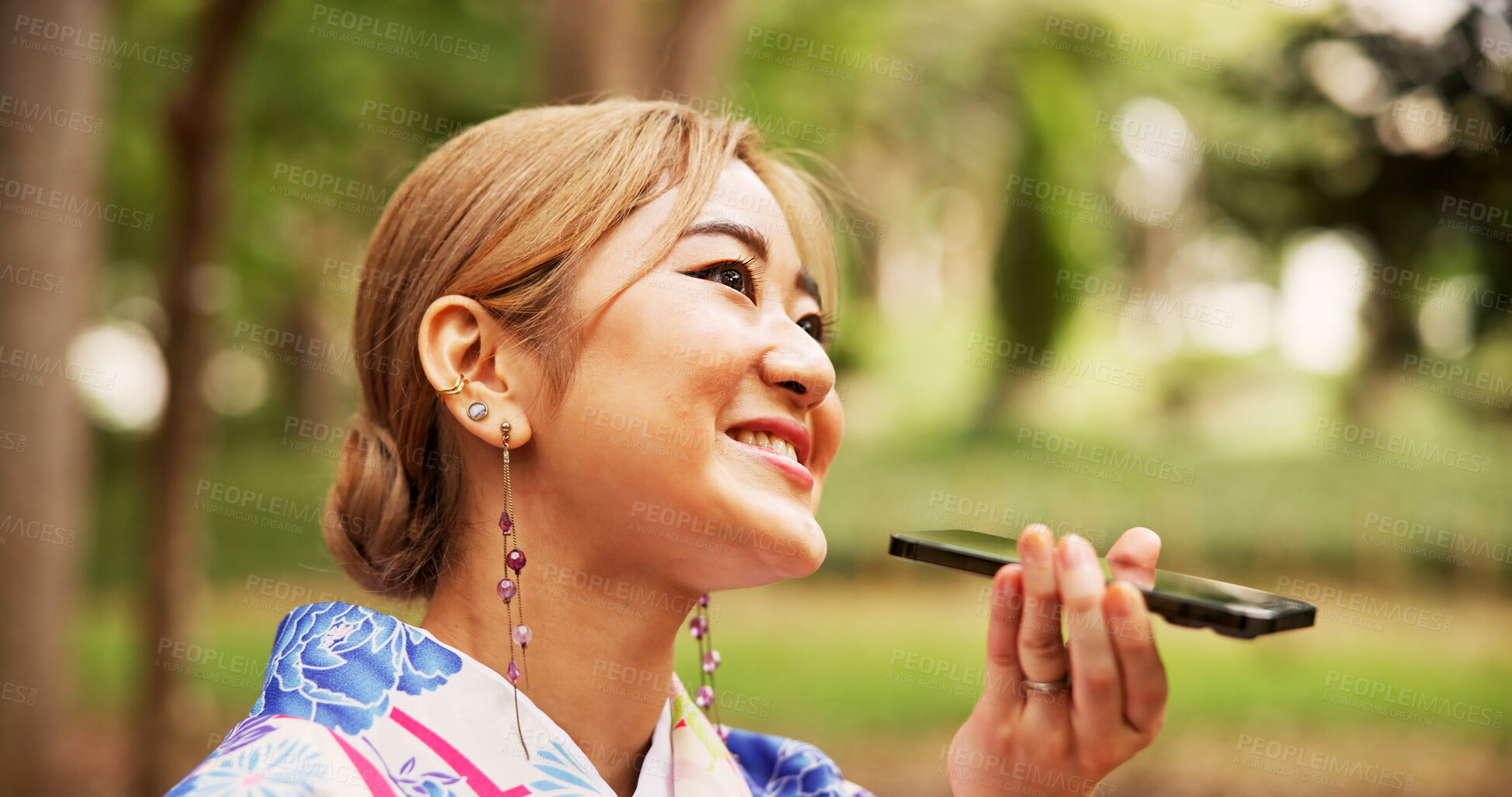 Buy stock photo Asian woman, park and communication with phone for voice message, conversation or vocal audio in nature. Japan, female person or tourist with mobile smartphone, speaker or kimono for chatting app