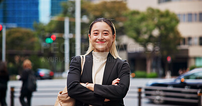 Buy stock photo Business woman, arms crossed and portrait in city with smile, travel and pride for career in street. Person, happy and outdoor with confidence, excited or urban sidewalk for commute to work in Japan