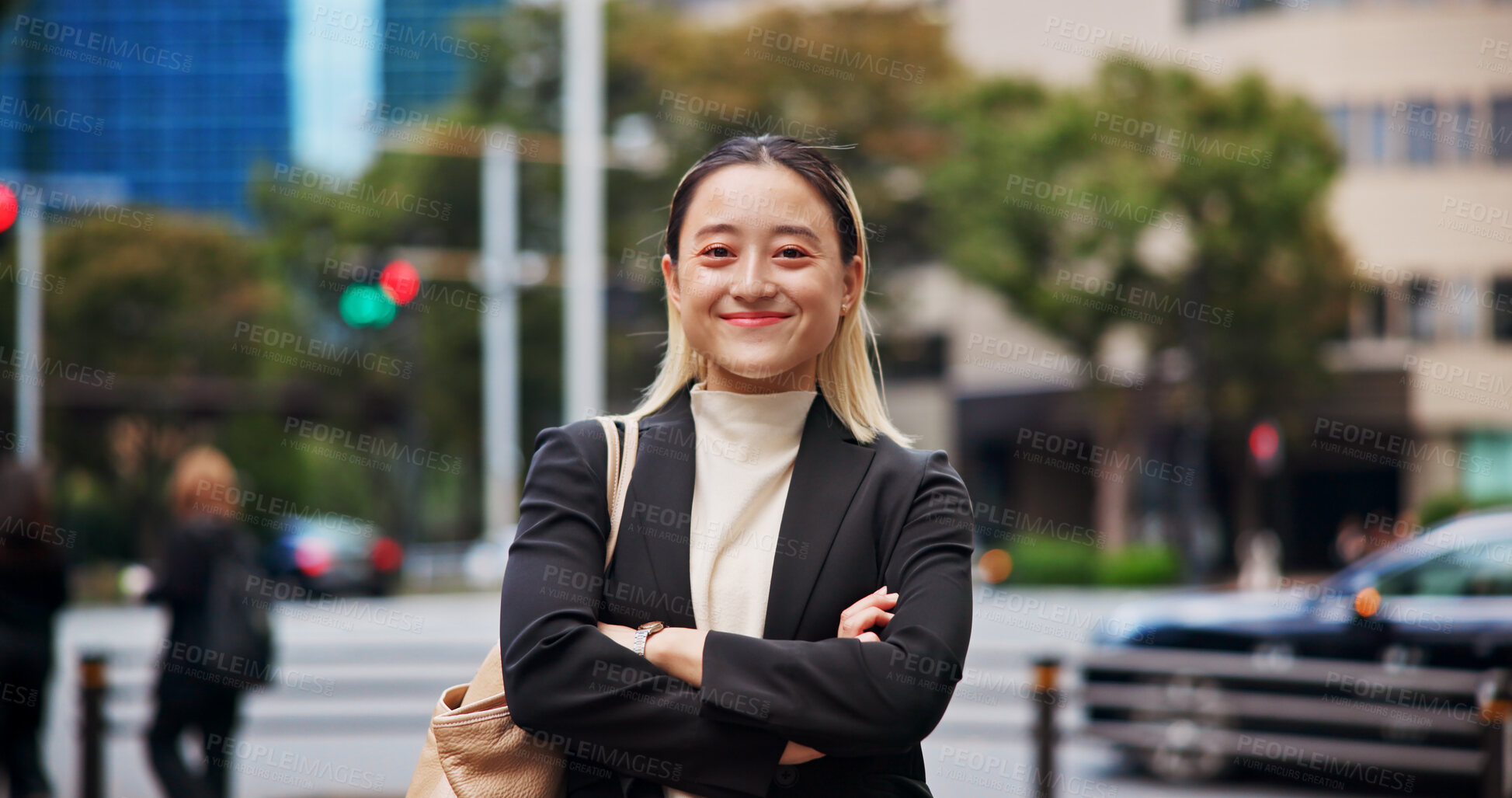 Buy stock photo Business woman, arms crossed and portrait in city with smile, travel and pride for career in street. Person, happy and outdoor with confidence, excited or urban sidewalk for commute to work in Japan