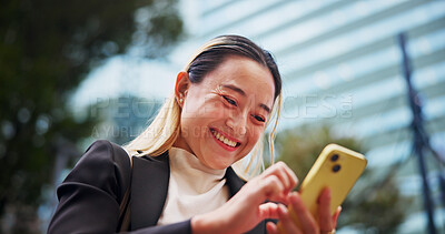 Buy stock photo Business woman, phone and excited in city for contact, texting or legal career with booking taxi in street. Person, smartphone and corporate lawyer with reading notification, deal and travel in Japan