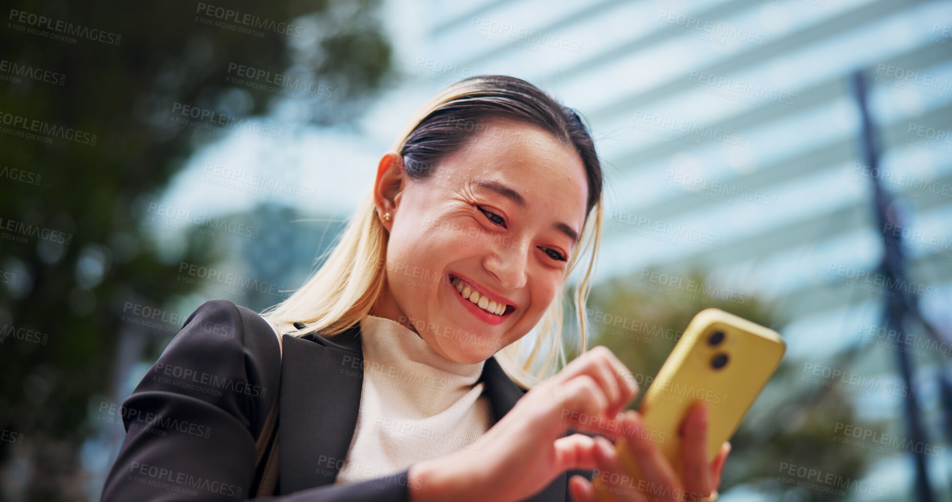 Buy stock photo Business woman, phone and excited in city for contact, texting or legal career with booking taxi in street. Person, smartphone and corporate lawyer with reading notification, deal and travel in Japan