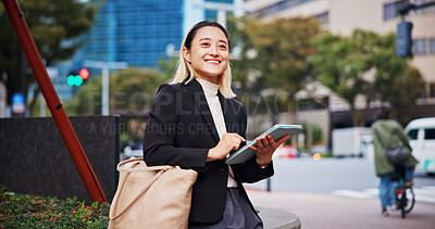 Buy stock photo Business, woman and happy outdoor with tablet for commuting or travel to work in Japan. Female person, employee and smile on sidewalk in downtown Tokyo for social media, networking and communication