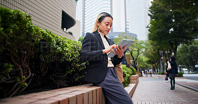 Buy stock photo Tablet, city and Japanese woman with job commute, morning and tech of lawyer with email. Online, digital and employee on taxi app for urban travel to work with website, internet and trip in Tokyo