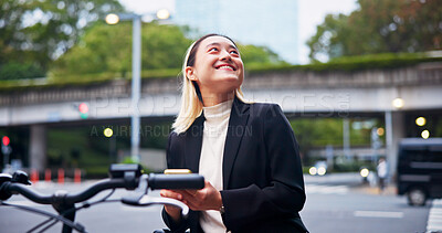 Buy stock photo Happy, asian woman and travel with bicycle in city for business commute, destination or location. Japan, female person or employee with smile or dream for job or career opportunity in an urban town