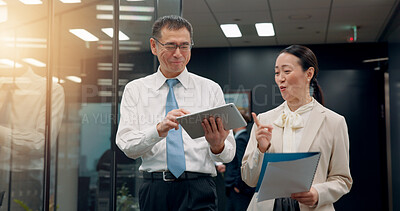 Buy stock photo Tablet, walking or business people in meeting with legal advisor for court case, documents or research. Portfolio, online or lawyer in office with attorney, feedback or paperwork at law firm in Japan