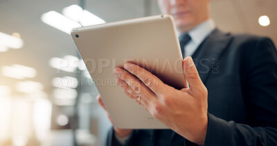 Buy stock photo Hand, business and man in office, tablet and typing with internet, financial report and connection. Japan, accountant and employee in workplace, app for investment, stock market and online reading