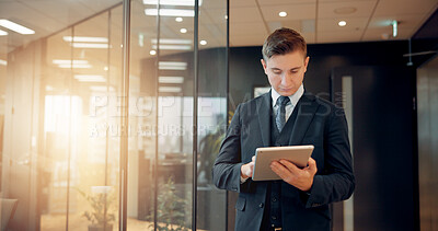 Buy stock photo Japan, business and man with tablet, accounting and typing with internet, website info and connection. Person, financial advisor and employee in modern office, app for investment and online report