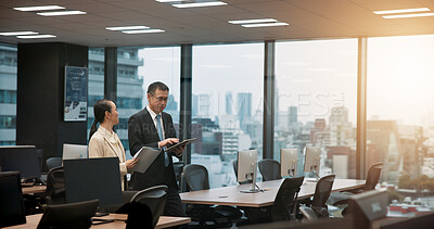 Buy stock photo Tablet, walking or business people in office with legal advisor for court case, documents or research. Mature, lens flare or lawyer in city with attorney, feedback or paperwork at law firm in Japan