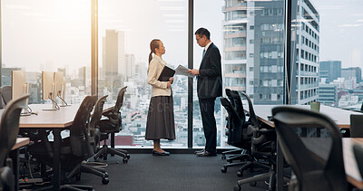 Buy stock photo Office, window or business people in meeting with legal advisor for court case, documents or research. Portfolio, glass or lawyer in city with attorney or paperwork at law firm for feedback in Japan