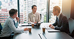 Meeting, client and people with documents, boardroom and negotiation for business deal and discussion. Office, conversation and group with paperwork for proposal, research and sales manager in Japan
