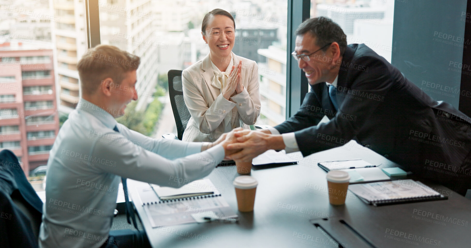 Buy stock photo Business, people and happy with handshake at office for dead, partnership and agreement as economist in Japan. Employees, boardroom and shaking hands with smile for meeting success and negotiation