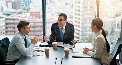 Buy stock photo Talking, client and people in boardroom, documents and negotiation for business deal and discussion. Office, mature man and group with paperwork for proposal, research and sales manager in Japan