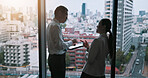 City, meeting and tablet with business people in Tokyo for collaboration, discussion or planning. Building, conversation and corporate with Japanese employee team at work for property development