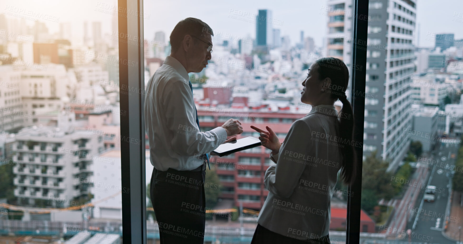 Buy stock photo City, meeting and tablet with business people in Tokyo for collaboration, discussion or planning. Building, conversation and corporate with Japanese employee team at work for property development