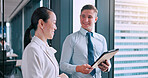 Collaboration, meeting and tablet with business people at office in Tokyo, Japan for planning. Feedback, technology or window with employee man and woman in corporate workplace for discussion