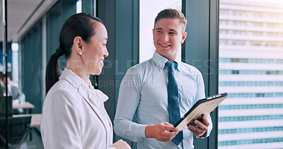 Buy stock photo Collaboration, meeting and tablet with business people at office in Tokyo, Japan for planning. Feedback, technology or window with employee man and woman in corporate workplace for discussion