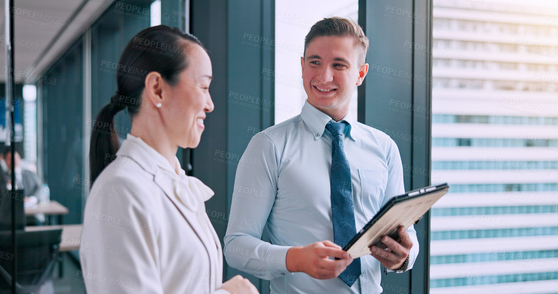 Buy stock photo Collaboration, meeting and tablet with business people at office in Tokyo, Japan for planning. Feedback, technology or window with employee man and woman in corporate workplace for discussion