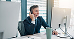 Call center, consultant and talking with microphone for customer service, technical support or CRM assistance. Japanese agency, man and headset by computer for FAQ advisory, help desk and contact us