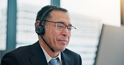 Buy stock photo Call center, mature man and smile at computer for customer service, virtual support and friendly assistance. Japanese agency, consultant and happy with headset for CRM advice, help desk or contact us