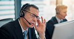 Office, computer and businessman with headache for call center, muscle tension and stress for deadline. Career, employees and mature agent with migraine for headset noise, pain or consulting in Japan