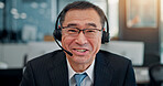 Headset, portrait and businessman with consulting for call center, talking and support for customer. Office, consultant and mature person with mic for communication, telemarketing and happy in Japan
