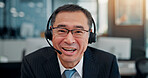 Mic, portrait and businessman with consulting for call center, talking and support for customer. Office, consultant and mature person with headset for communication, telemarketing and happy in Japan