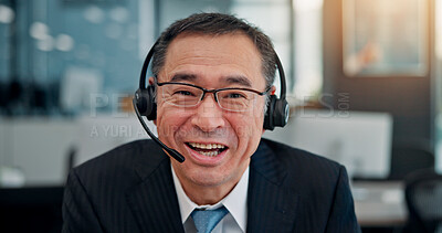 Buy stock photo Mic, portrait and businessman with consulting for call center, talking and support for customer. Office, consultant and mature person with headset for communication, telemarketing and happy in Japan