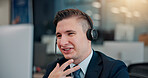 Advice, businessman and headset with computer for call center, crm system and customer service. Office, tech support and male agent with mic for communication, telemarketing and consulting in Japan