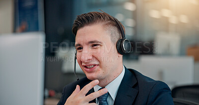 Buy stock photo Advice, businessman and headset with computer for call center, crm system and customer service. Office, tech support and male agent with mic for communication, telemarketing and consulting in Japan