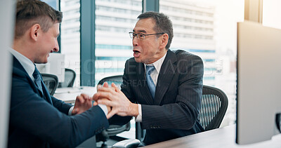 Buy stock photo Collaboration, computer and winner with business people in office for achievement or success. Deal, motivation or smile with happy mentor and employee at work in Japan for celebration of agreement