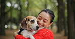 Japan, dog and woman in park, smile and bonding together with happiness, comfortable and nature. Asian girl, outdoor and animal with best friend, embrace and forest with fun, games and playful